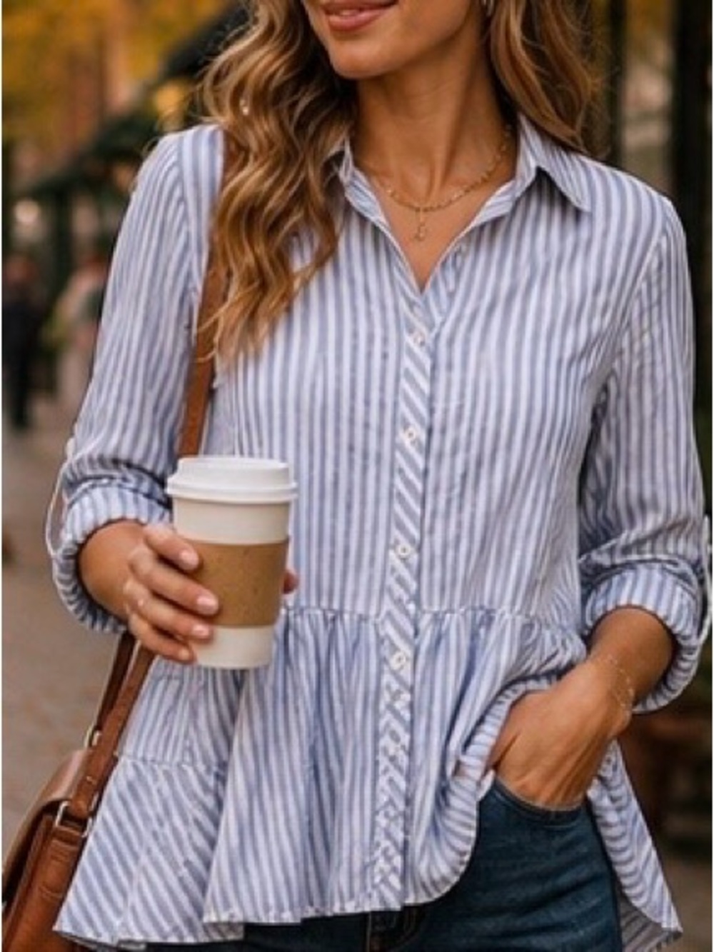 Love Notes Blue and White Striped Peplum Button-Down Shirt